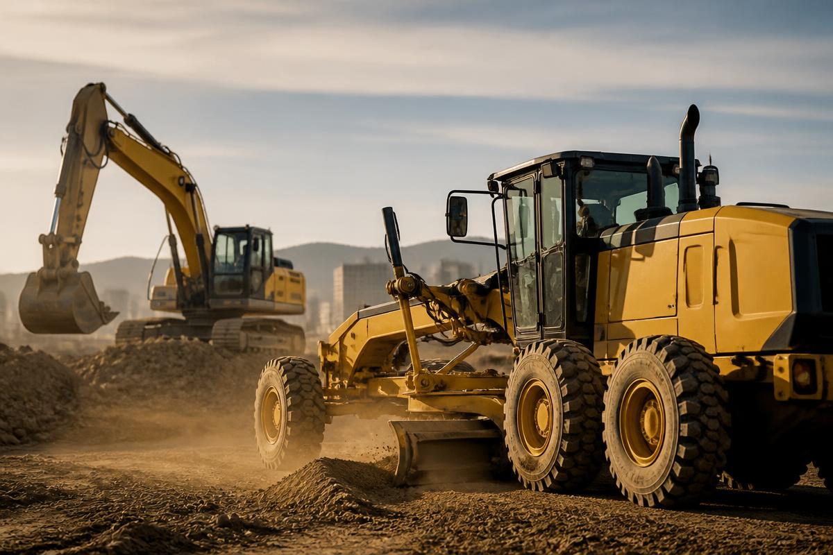 Motor grader and excavator preparing a site