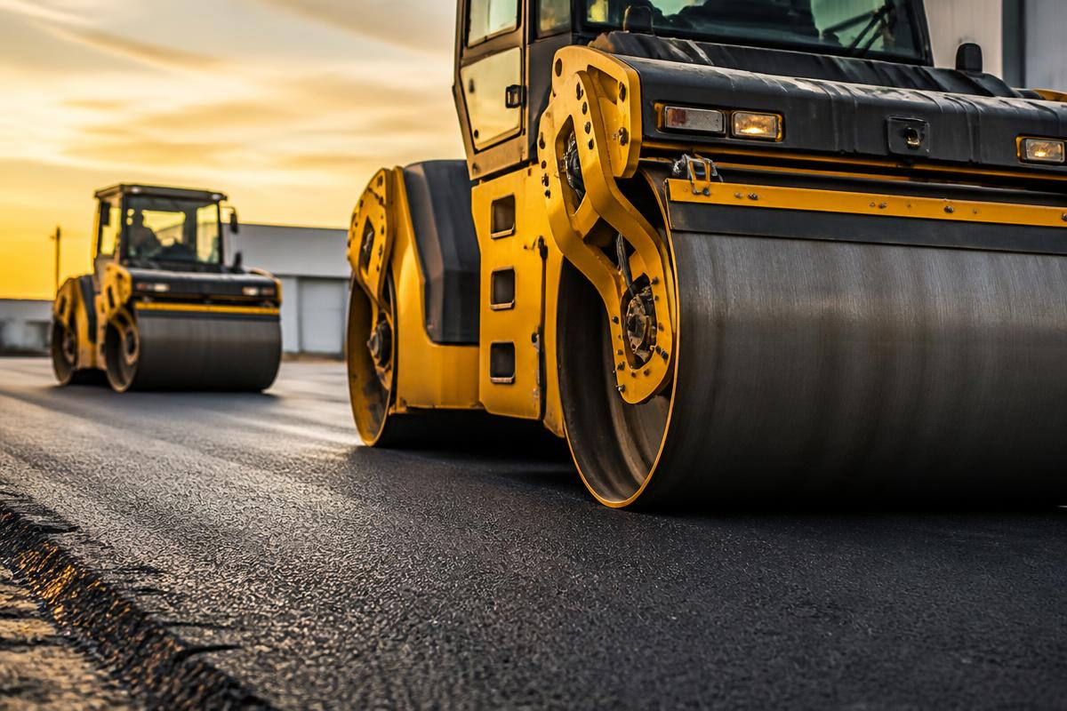 Asphalt rollers compacting fresh pavement