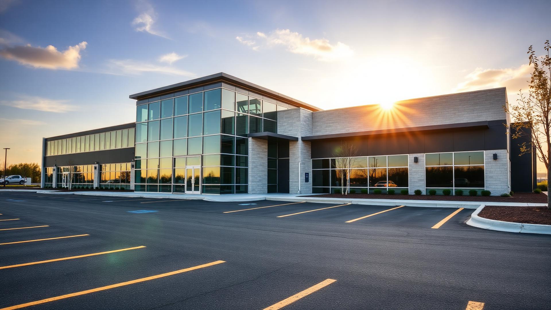 Modern commercial property with newly paved parking lot at golden hour